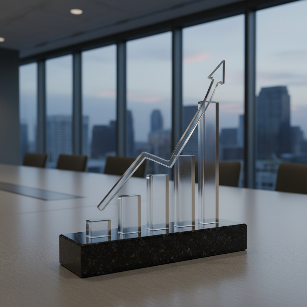 A close-up of an elegant glass investment performance chart sculpture, crafted from clear and frosted glass panels that form a rising bar and line graph, mounted on a polished black granite base. The sculpture is positioned on a smooth, light gray conference table with a subtle texture. Behind it, a wall of floor-to-ceiling windows reveals a softly blurred city skyline at dusk. Cool, diffused natural light mixes with warm, understated recessed ceiling lights, creating refined highlights along the glass edges and gentle reflections in the granite. Photographic realism, captured from a slightly low angle with rule-of-thirds composition, emphasizes upward movement and long-term growth, evoking stability, sophistication, and a secure financial future.