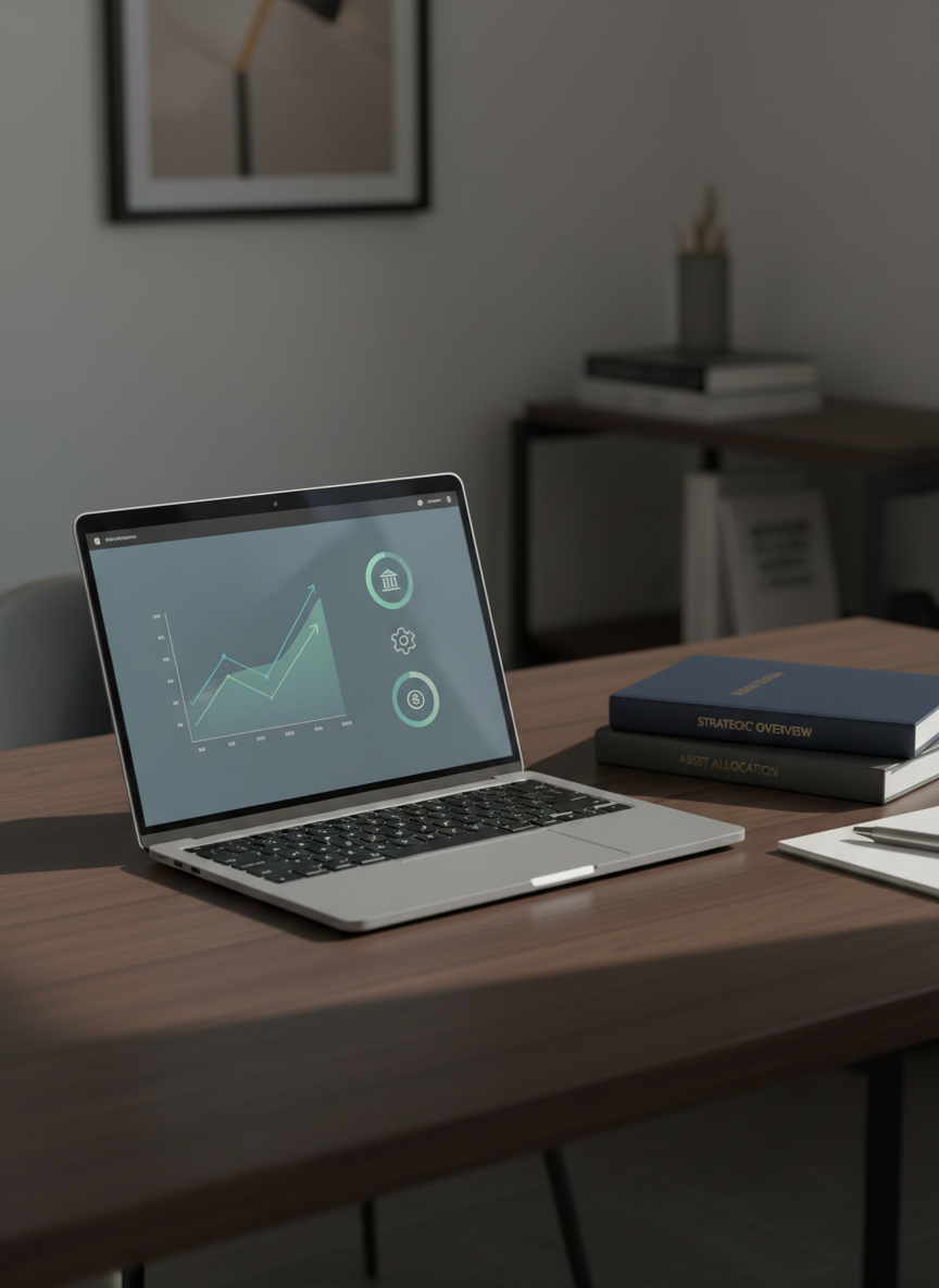A meticulously arranged financial planning workspace featuring an open silver laptop displaying a clean, modern portfolio dashboard with ascending graphs and diversified asset icons. The laptop rests on a dark walnut desk with a subtle matte finish, beside a neatly stacked set of navy and charcoal leather-bound reports embossed with understated gold titles. A brushed steel pen lies precisely aligned on a minimalist notepad. Soft morning daylight filters through an unseen window, creating gentle reflections on the laptop screen and faint shadows along the desk edge. Photographic realism, captured at eye level with a shallow depth of field, keeps the digital portfolio in sharp focus while the background fades into a soft blur of neutral office tones, conveying professionalism, clarity, and smart decision-making.